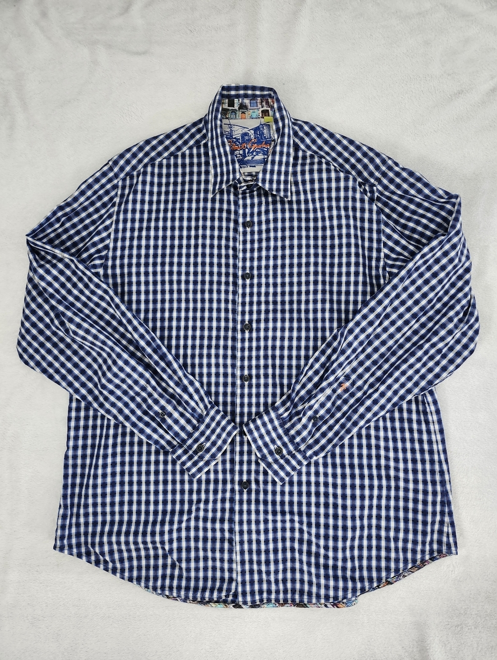 ROBERT GRAHAM Men's Classic Fit Shirt XL Blue Gingham Plaid Interior Print Cuffs - Picture 4 of 11